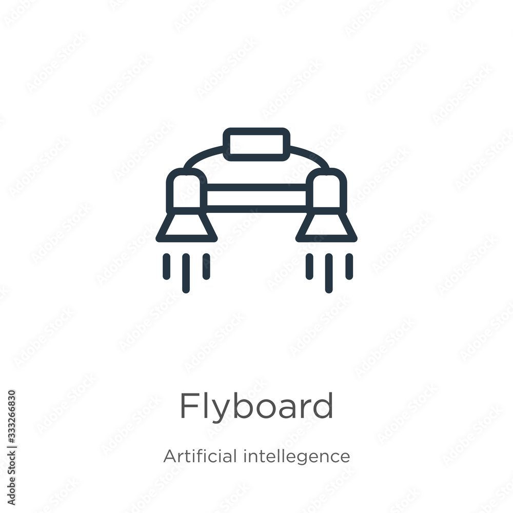 Flyboard icon. Thin linear flyboard outline icon isolated on white background from artificial intellegence and future technology collection. Line vector sign, symbol for web and mobile Flyboard icon. Thin linear flyboard outline icon isolated on white background from artificial intellegence and future technology collection. Line vector sign, symbol for web and mobile