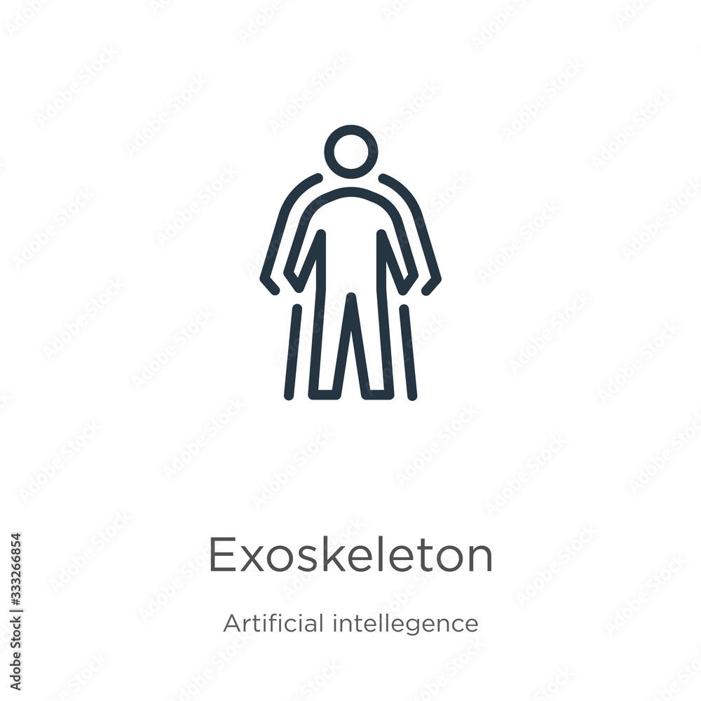 Exoskeleton icon. Thin linear exoskeleton outline icon isolated on white background from artificial intellegence and future technology collection. Line vector sign, symbol for web and mobile Exoskeleton icon. Thin linear exoskeleton outline icon isolated on white background from artificial intellegence and future technology collection. Line vector sign, symbol for web and mobile