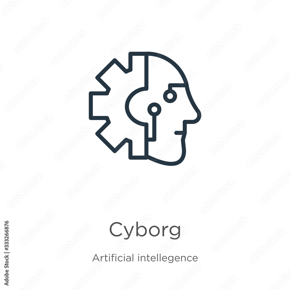 Cyborg icon. Thin linear cyborg outline icon isolated on white background from artificial intellegence and future technology collection. Line vector sign, symbol for web and mobile Cyborg icon. Thin linear cyborg outline icon isolated on white background from artificial intellegence and future technology collection. Line vector sign, symbol for web and mobile