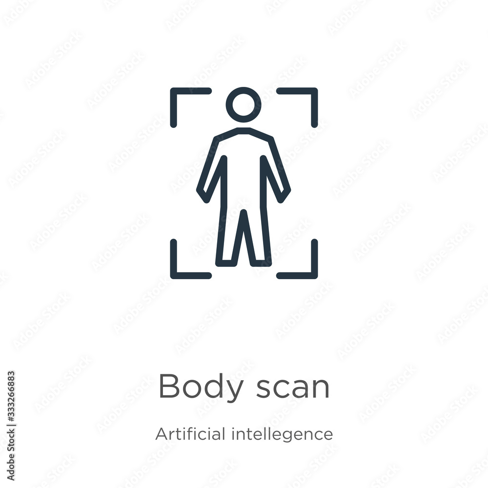 Body scan icon. Thin linear body scan outline icon isolated on white background from artificial intellegence and future technology collection. Line vector sign, symbol for web and mobile Body scan icon. Thin linear body scan outline icon isolated on white background from artificial intellegence and future technology collection. Line vector sign, symbol for web and mobile