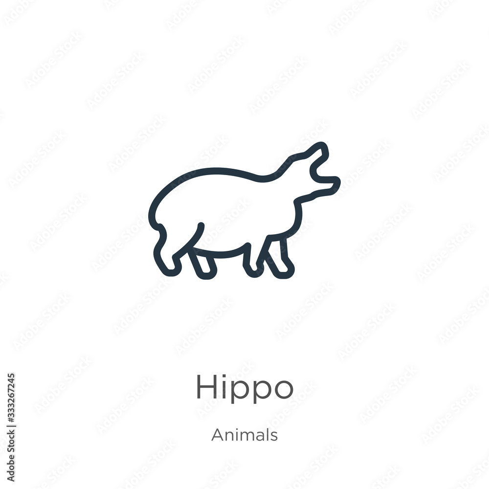 Hippo icon. Thin linear hippo outline icon isolated on white background from animals collection. Line vector sign, symbol for web and mobile Hippo icon. Thin linear hippo outline icon isolated on white background from animals collection. Line vector sign, symbol for web and mobile