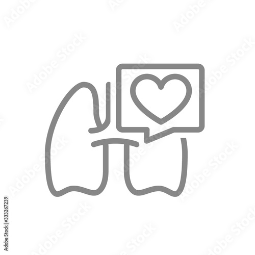 Lungs with heart in speech bubble line icon. Healthy internal organ symbol