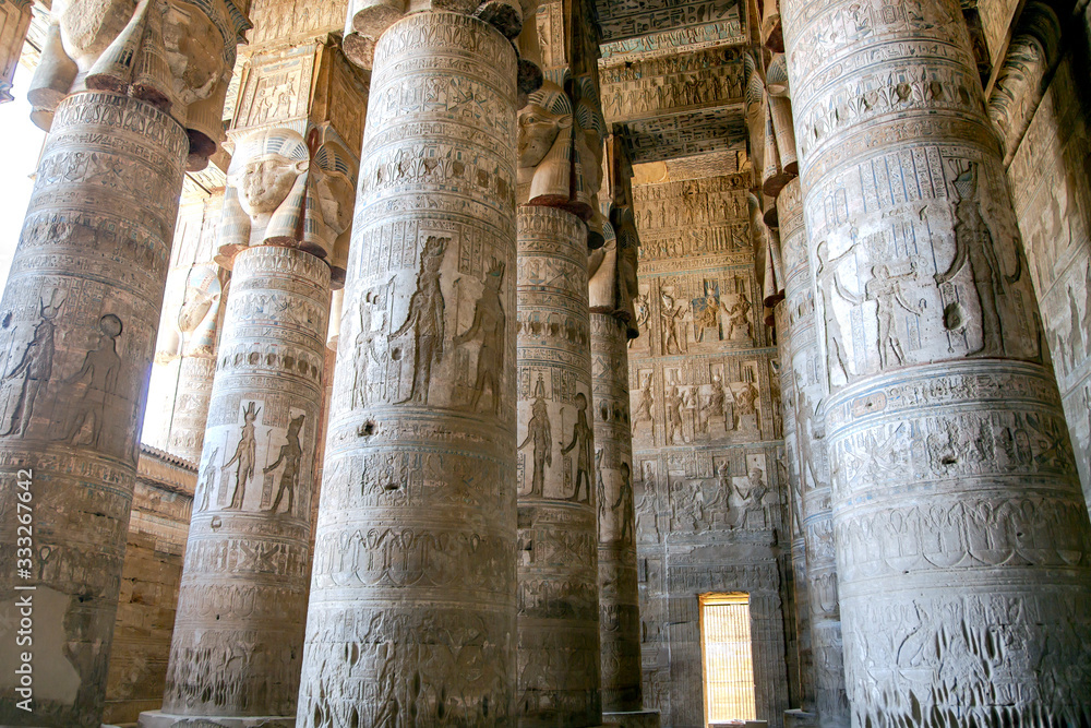 Beautiful interior of the Temple of Dendera or the Temple of Hathor, Goddess of Love. Egypt, Dendera, Best Preserved Temple in all of Egypt near the city of Ken.