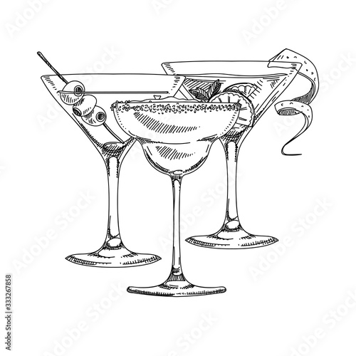 Composition with alcoholic cocktails, hand drawn vector illustration.