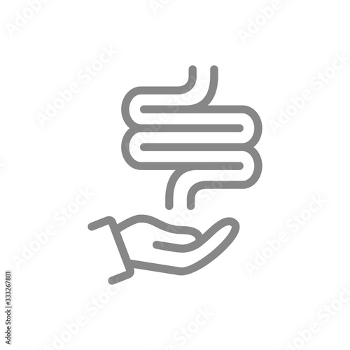 Human intestine on hand line icon. Treatment, disease prevention symbol