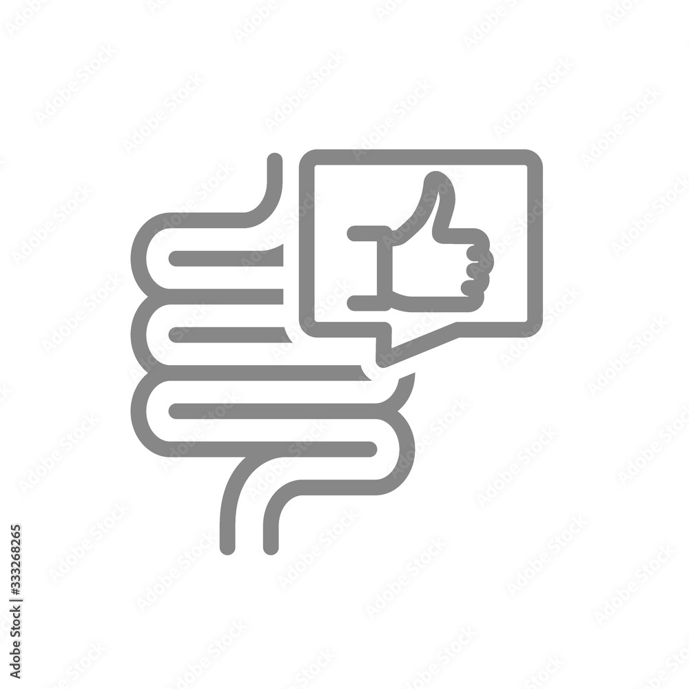 Intestine with thumb up in speech bubble line icon. Healthy internal organ, digestive tract symbol Intestine with thumb up in speech bubble line icon. Healthy internal organ, digestive tract symbol