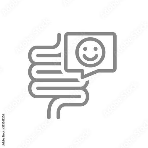 Intestine with happy face in speech bubble line icon. Healthy internal organ, digestive tract symbol