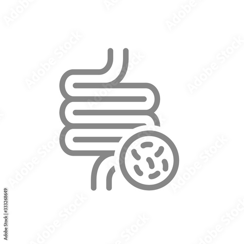 Intestine with bacteria line icon. Irritable bowel syndrome, constipation, intestinal obstruction symbol