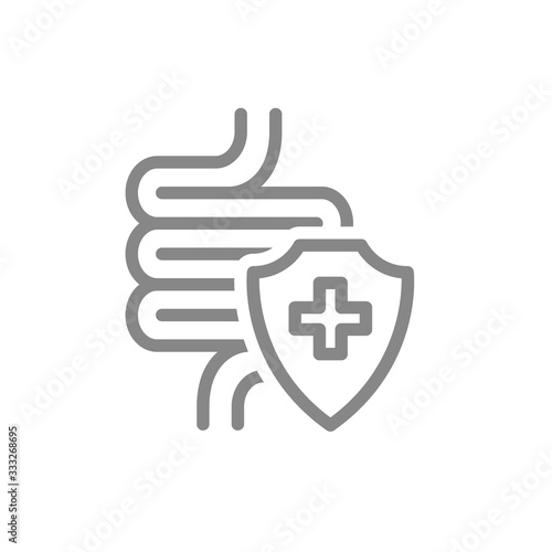 Healthy protected intestine line icon. Digestive tract treatment, first aid for bowel diseases symbol