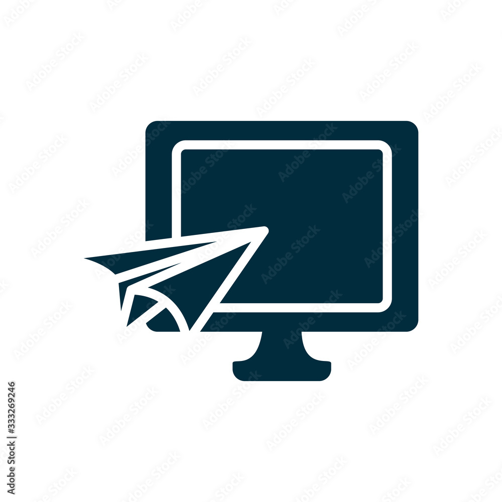 computer and paper plane icon, silhouette style computer and paper plane icon, silhouette style