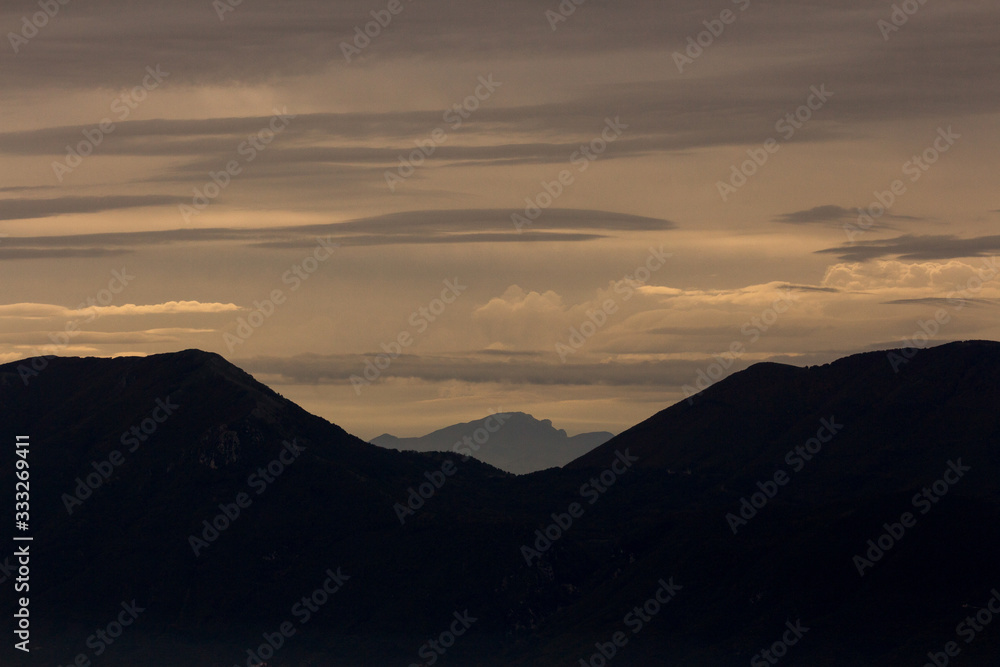 silhouette of Mount Terminio at sunset. Monti Picentini, Campania, Italy