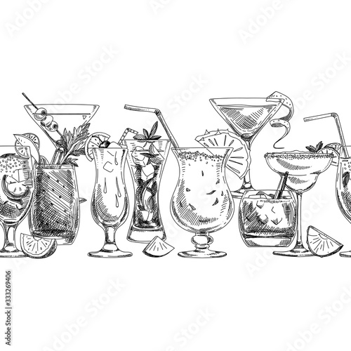 Seamless pattern composition with alcoholic cocktails, hand drawn vector illustration.