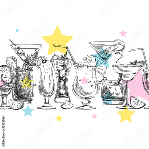 Seamless pattern composition with alcoholic cocktails, hand drawn vector illustration.