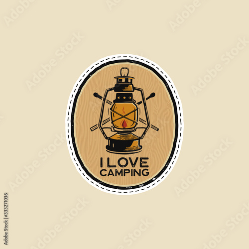 Vintage camp patches logo, mountain badge. Hand drawn sticker design. Travel expedition, backpacking label. Outdoor emblem - I love camping quote. Stock vector.