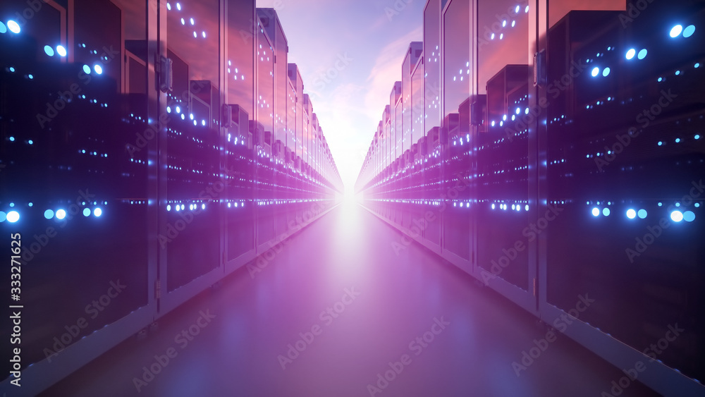 Cloud computing and computer networking business communication concept. 3d rendering of rows of network servers in data center against blue sky with clouds