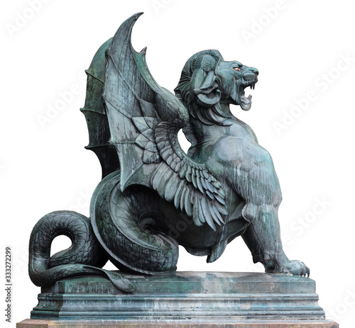 Statue of Dragon (Fountain Saint-Michel in Paris), isolated on white