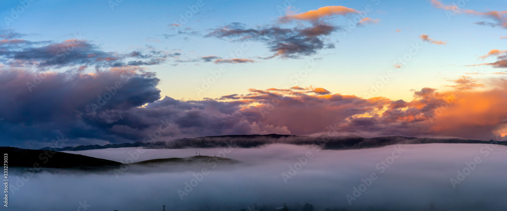 Panorama of Sunrise, Fog, Mountains