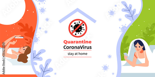Young womans chatting with her phone on the sofa I stay at home social media campaign for coronavirus prevention. Coronavirus or Covid-19 quarantine. Cartoon, flat vector illustration.