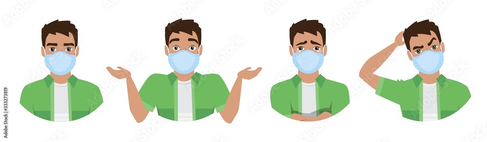 Men wearing medical mask to prevent disease, flu, air pollution, contaminated air, world pollution. Set of different emotions.