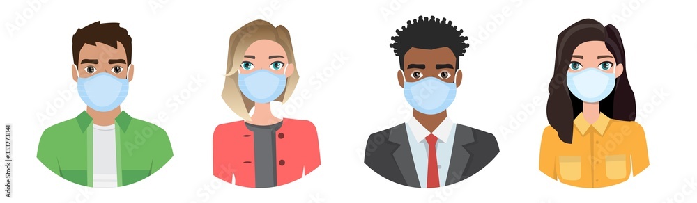 Group of people wearing medical masks to prevent disease, flu, air pollution, contaminated air, world pollution.