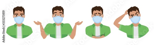 Men wearing medical mask to prevent disease, flu, air pollution, contaminated air, world pollution. Set of different emotions.