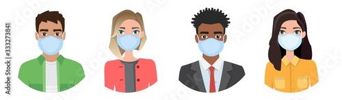 Group of people wearing medical masks to prevent disease, flu, air pollution, contaminated air, world pollution.