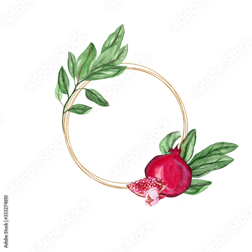 Watercolor frames with pomegranate for wedding cards, romantic prints, fabrics, textiles and scrapbooking.