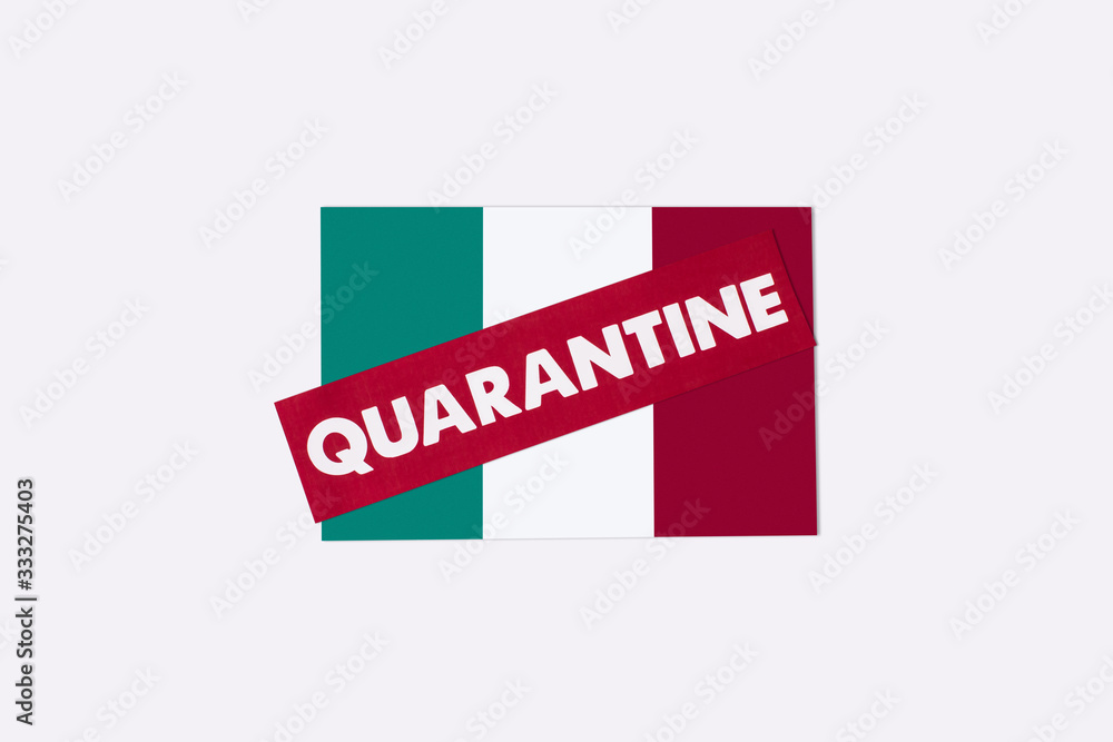 top view of red card with quarantine lettering on italian flag isolated on white top view of red card with quarantine lettering on italian flag isolated on white