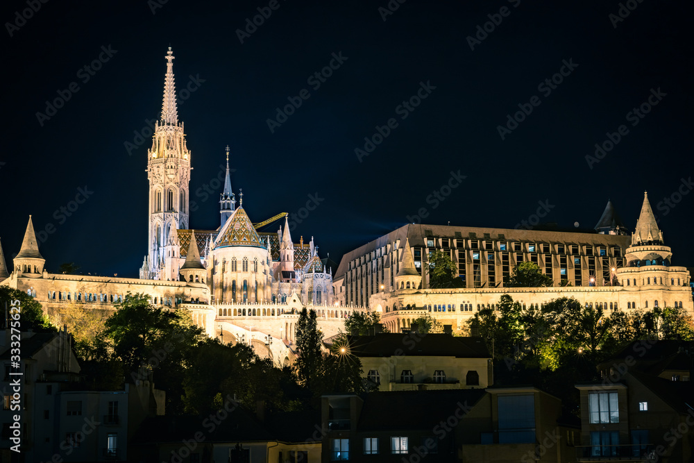 Fisherman's Bastion and St. Matthias church at night, Budapest, Hungary 2019