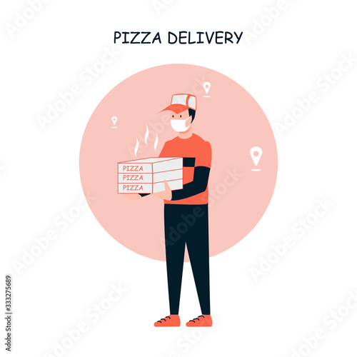Restaurant or supermarket delivering pizza at doorstep in quarantine. Sitting home and Order online food at anytime. Man with mask delivering hot pizza poster.