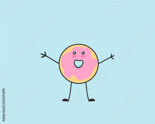 Cute cartoon donut character with pink icing, simple vector illustration