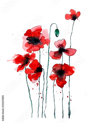 Stylized poppy flowers illustration. Red flowers, watercolor illustration.