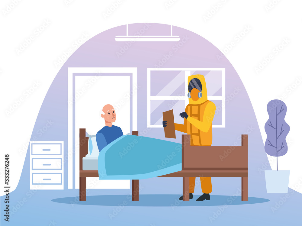 doctor with biohazard suit protecting elderly person doctor with biohazard suit protecting elderly person