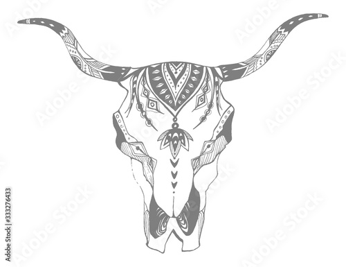 Cow, buffalo, bull skull in tribal style. Bohemian, boho vector illustration. Wild and free ethnic gypsy symbol.