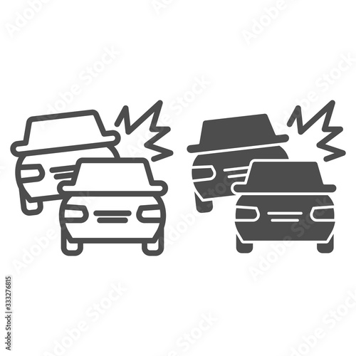Traffic accident line and solid icon. One car bump another with crash, safe driving symbol, outline style pictogram on white background. Transport sign for mobile concept, web design. Vector graphics.