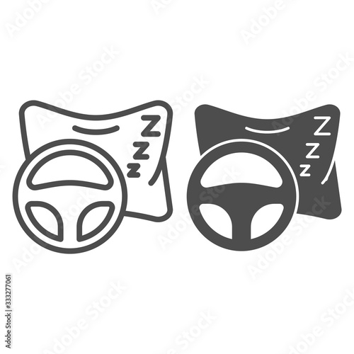 Sleeping driver on road line and solid icon. Pillow and vehicle steering wheel symbol, outline style pictogram on white background. Car accident sign for mobile concept or web design. Vector graphics.