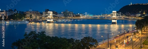 Budapest Chain Bridge at blue hour, long exposure, panoramic view. Hungary