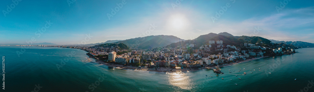 Puerto Vallarta Panoramic View of the Pier and the Board Walk - obrazy, fototapety, plakaty 