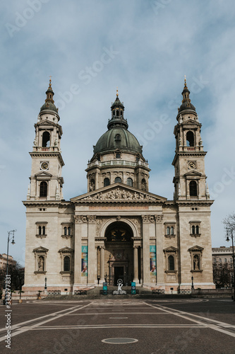 Panorama view of St. Stephen's Basilica in Budapest, Hungary. Empty Budapest during Corona virus (Covid-19)