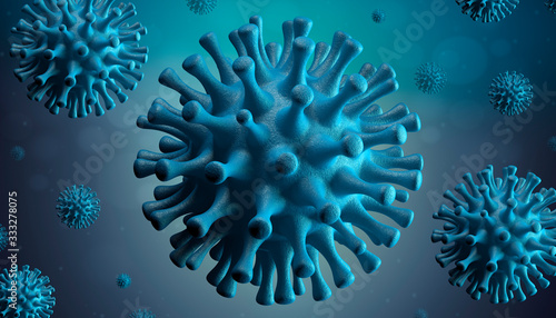 Coronavirus Covid-19 or Ncov-2019 on blue background. Microscopic view of the virus that has caused a pandemic. China's pathogenic respiratory virus. 3d rendering illustration.