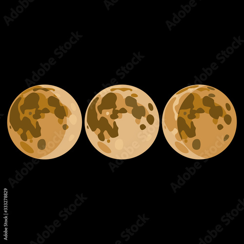 Isolated vector illustration. Three phases of the moon. Full moon, waxing moon and waning moon. Lunar magic. Symbol of triple goddess.