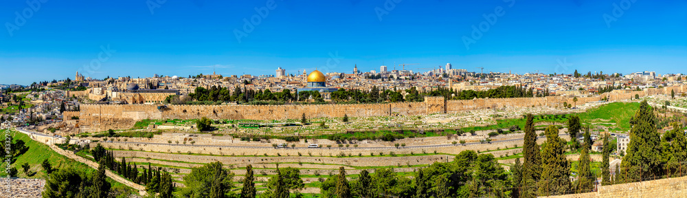 Naklejka premium Panorama Jerozolimy, Mur, z Mt. oliwek