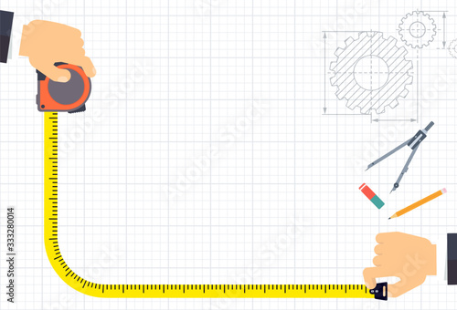 Measuring tape in the hands of a man. Template for a poster