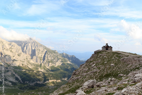 Chapel of Rifugio Agostini and mountain alps panorama in Brenta Dolomites, Italy © johannes86