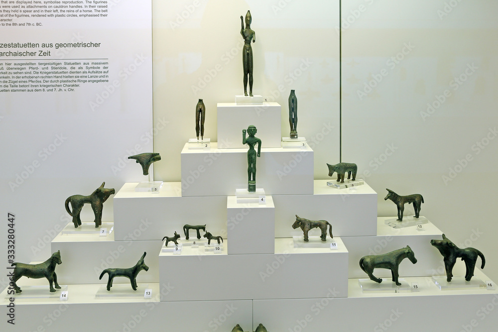 Ancient Olympia, Greece August, 29, 2019. Ancient greek bronze votive figures on display of