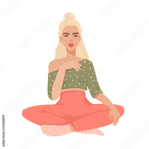 Cute vector girl sitting. Fashion vector illustration in flat style isolated on white.
