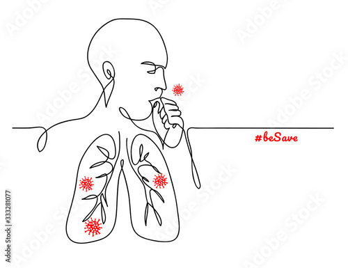 Virus in lungs, pneumonia, person coughing simple minimalist vector sketch, doodle, web background, poster. One continuous line drawing.
