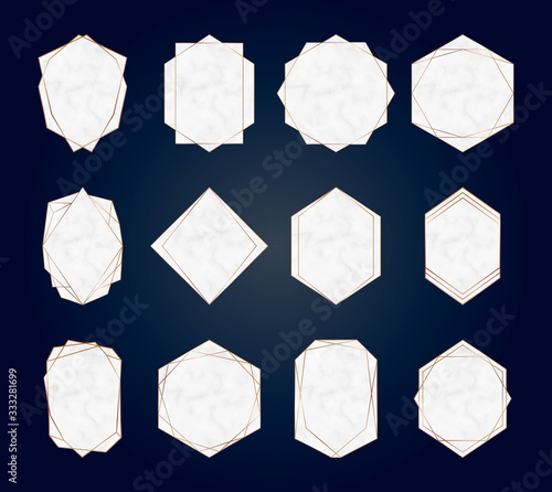 Gold geometric polygonal marble frames. Luxury design elements for wedding invitation, blog posts, banner, celebration, card, save the date, poster, flyer	