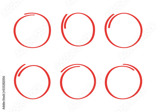 Super set hand drawn highlight circle isolated on white background. Collection of different red circles. Vector illustration