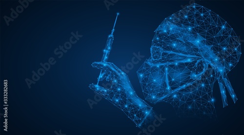 A doctor in a medical mask and glasses with a syringe in his hand. Providing medical care. Low-poly design. Blue background.